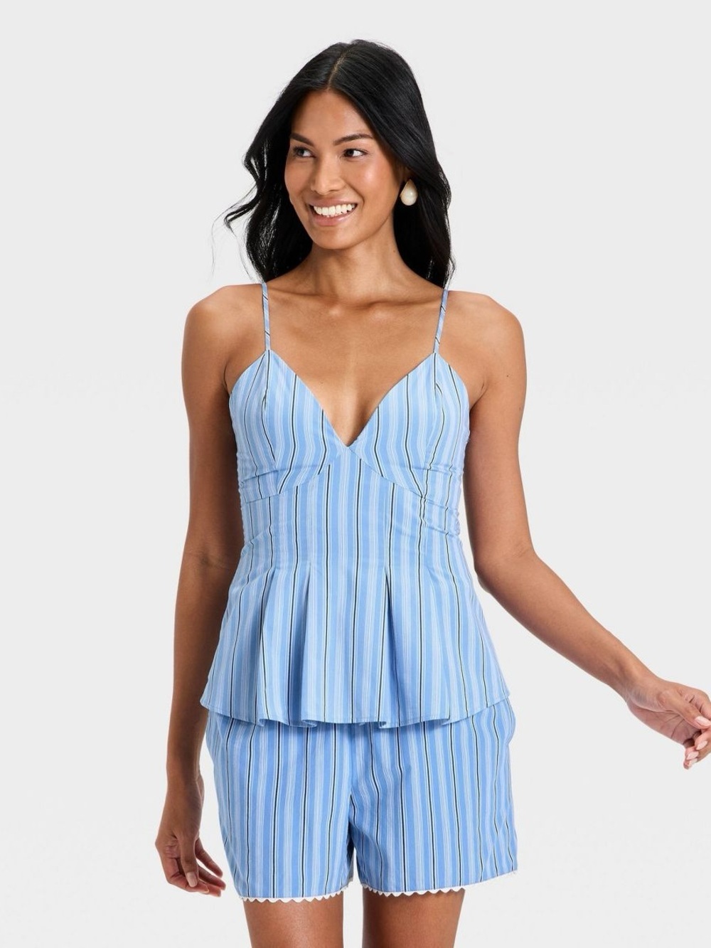 A New Day V-Neck Poplin Cami Top Blue Striped Cotton Large Soft Flowy Casual NWT